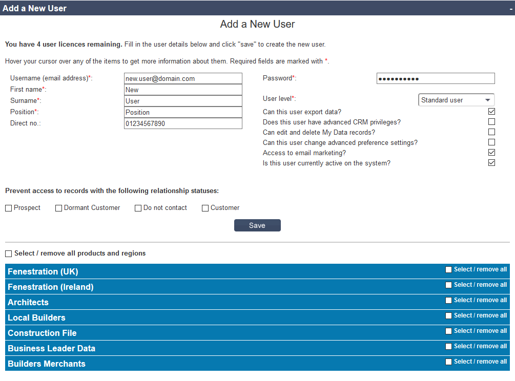 Salestracker Preferences Add a New User Details