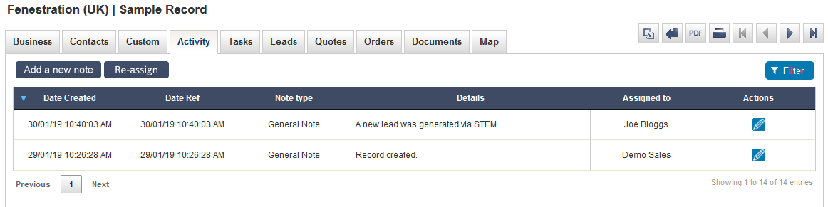 Salestracker - View Record Activity Tab