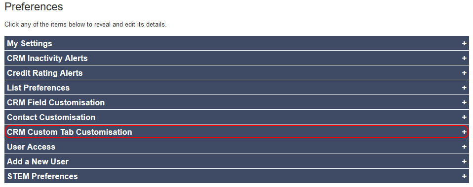 Salestracker Preferences CRM Custom Tab Customisations